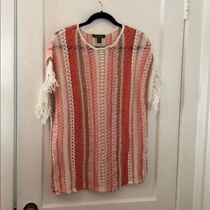 Tommy Bahama Peach White Beige Summer Sweater / Poncho with Fringe Size Small